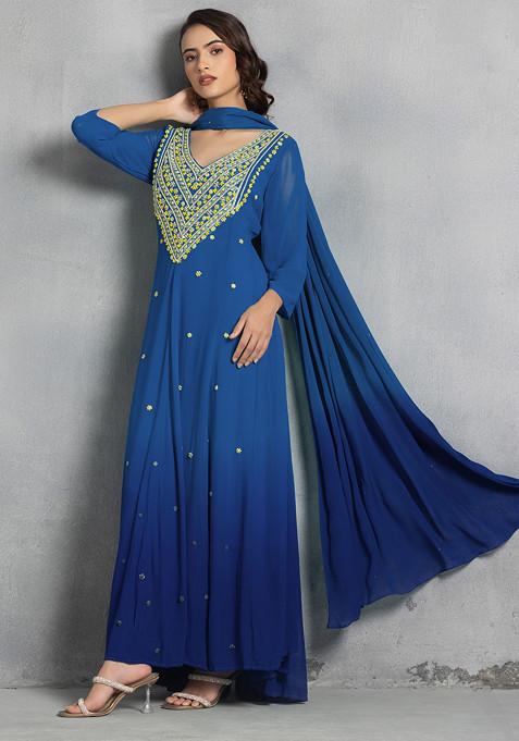Blue Thread Pearl Hand Embroidered Ombre Kurta Set With Pants And Dupatta