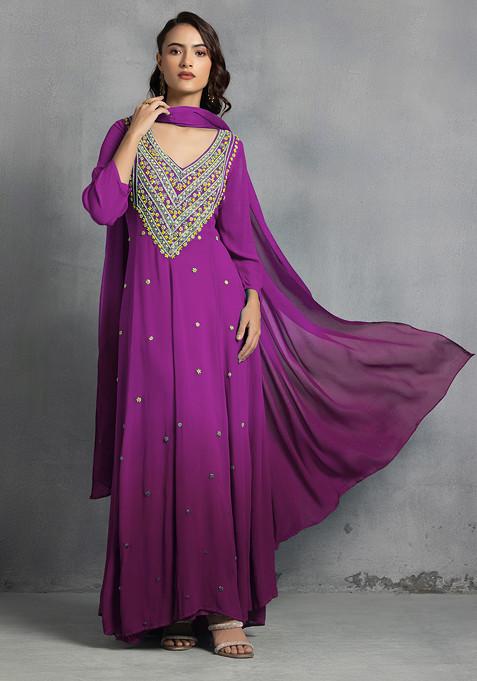 Magenta Thread Pearl Hand Embroidered Ombre Kurta Set With Pants And Dupatta