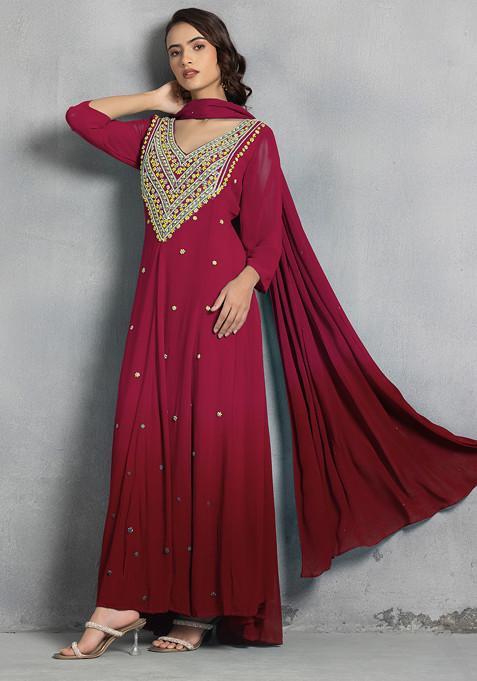 Ruby Red Thread Pearl Hand Embroidered Ombre Kurta Set With Pants And Dupatta
