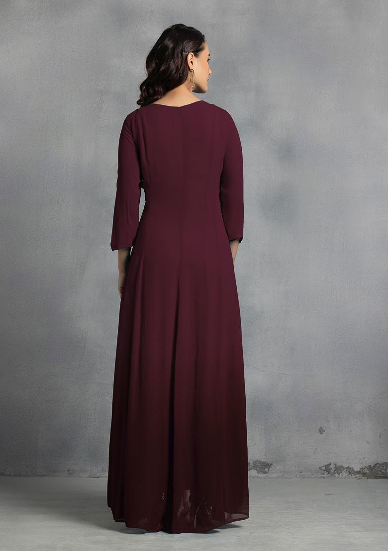 Plum Thread Pearl Hand Embroidered Ombre Kurta Set With Pants And Dupatta