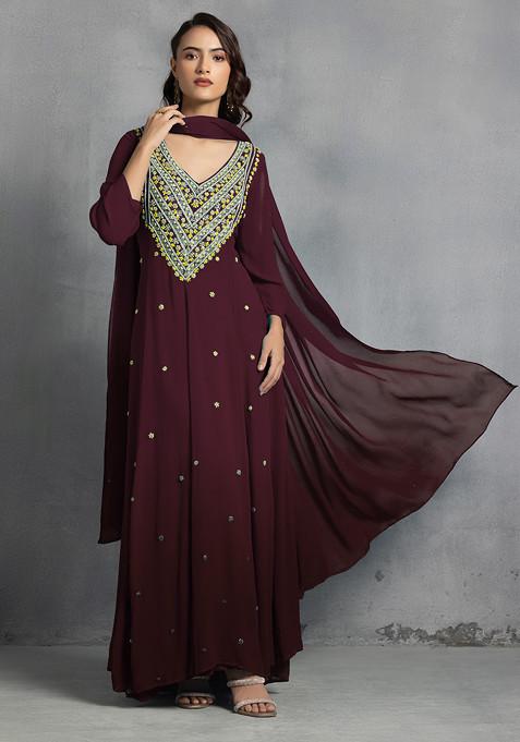 Plum Thread Pearl Hand Embroidered Ombre Kurta Set With Pants And Dupatta