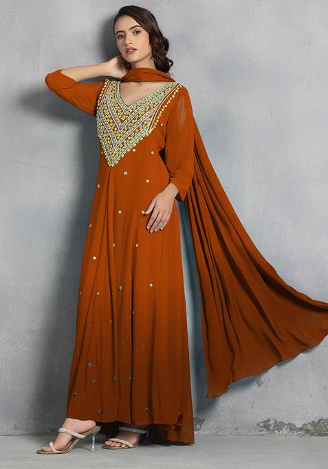 Orange Thread Pearl Hand Embroidered Ombre Kurta Set With Pants And Dupatta