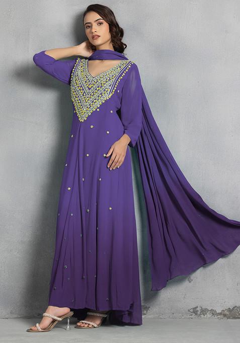 Purple Thread Pearl Hand Embroidered Ombre Kurta Set With Pants And Dupatta
