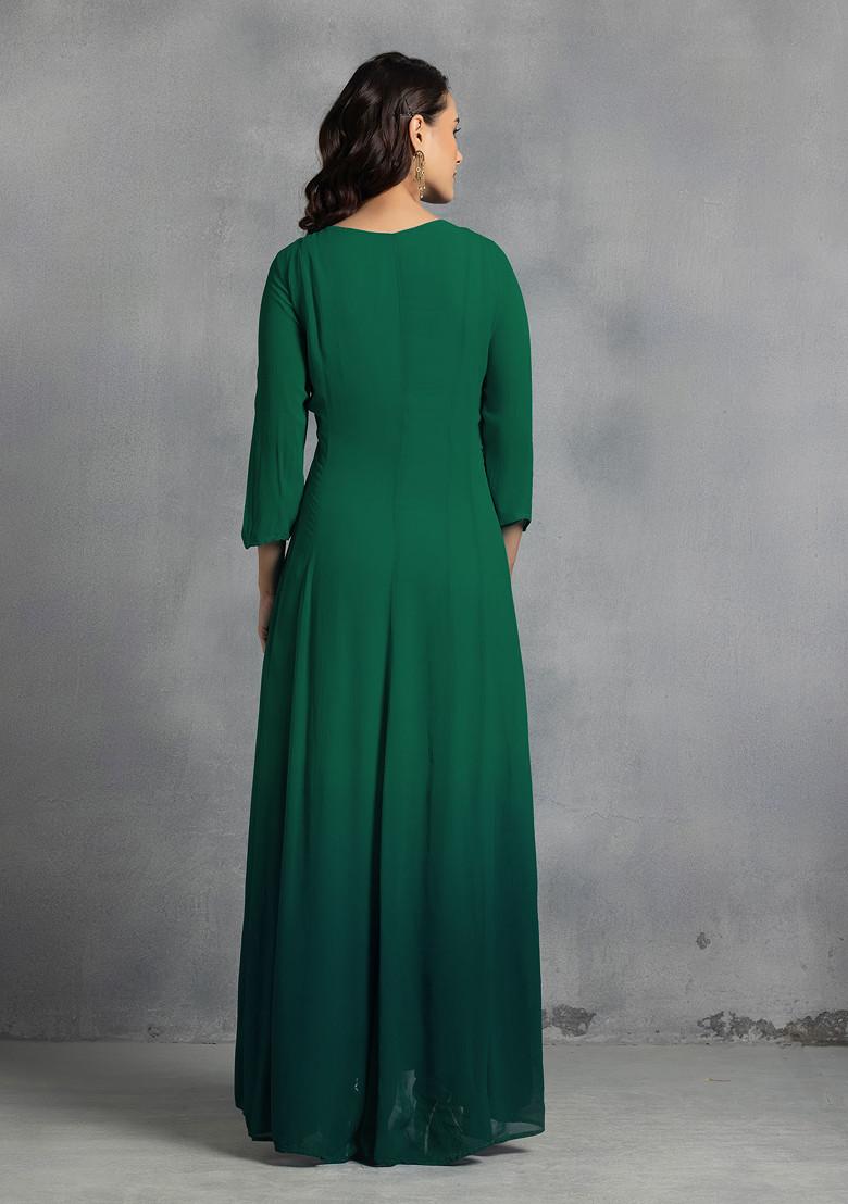 Forest Green Thread Pearl Hand Embroidered Ombre Kurta Set With Pants And Dupatta