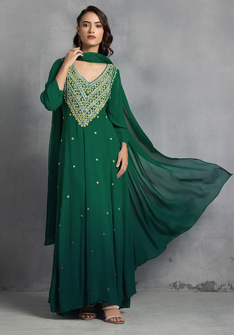 Forest Green Thread Pearl Hand Embroidered Ombre Kurta Set With Pants And Dupatta