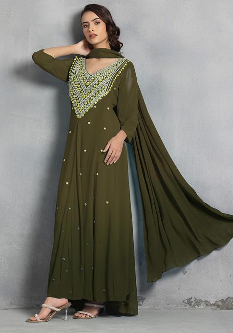 Fern Green Thread Pearl Hand Embroidered Ombre Kurta Set With Pants And Dupatta