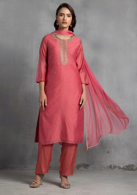 Peach Sequin Pearl Cutdana Hand Embroidered Kurta Set With Pants And Dupatta