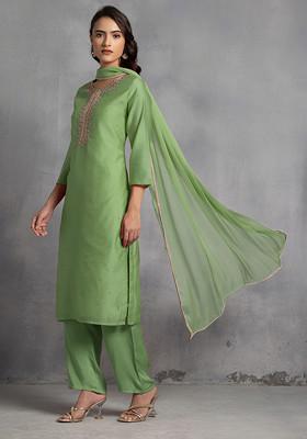 Olive Green Sequin Pearl Cutdana Hand Embroidered Kurta Set With Pants And Dupatta