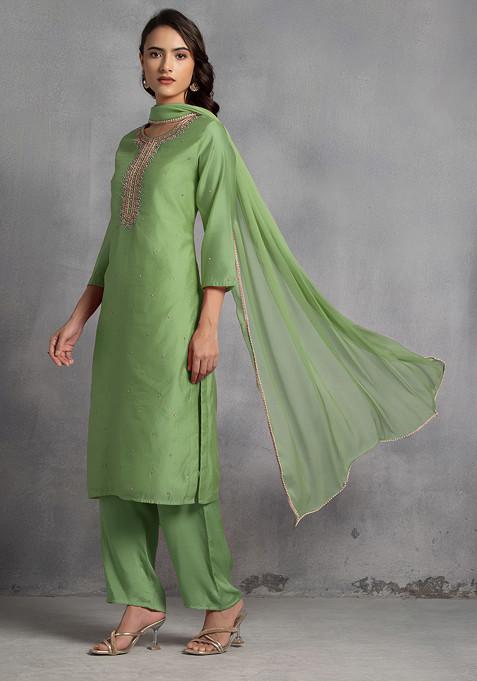 Olive Green Sequin Pearl Cutdana Hand Embroidered Kurta Set With Pants And Dupatta