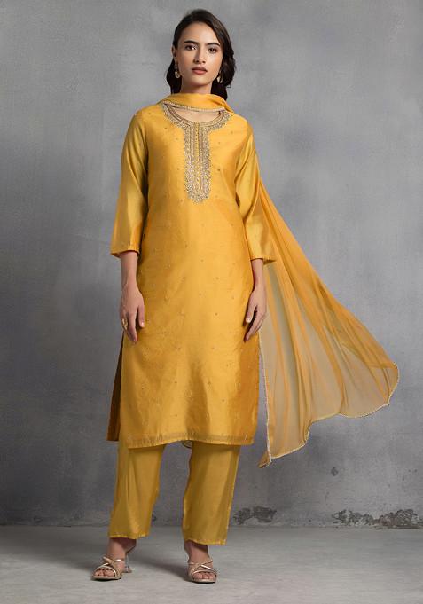 Mustard Sequin Pearl Cutdana Hand Embroidered Kurta Set With Pants And Dupatta