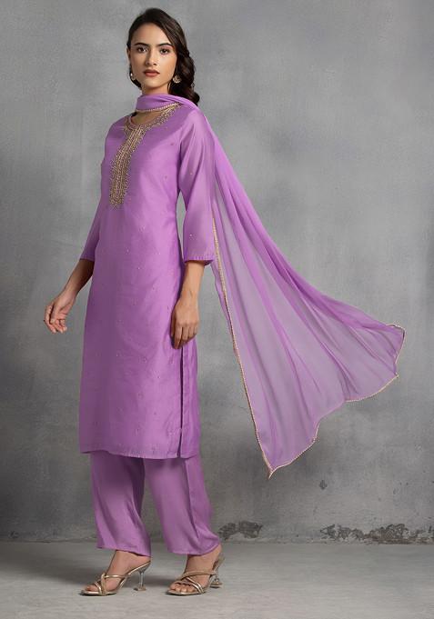 Lilac Sequin Pearl Cutdana Hand Embroidered Kurta Set With Pants And Dupatta