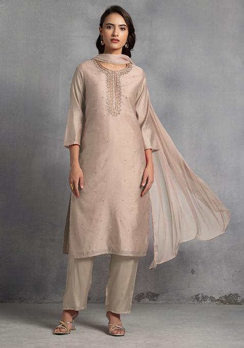 Beige Sequin Pearl Cutdana Hand Embroidered Kurta Set With Pants And Dupatta