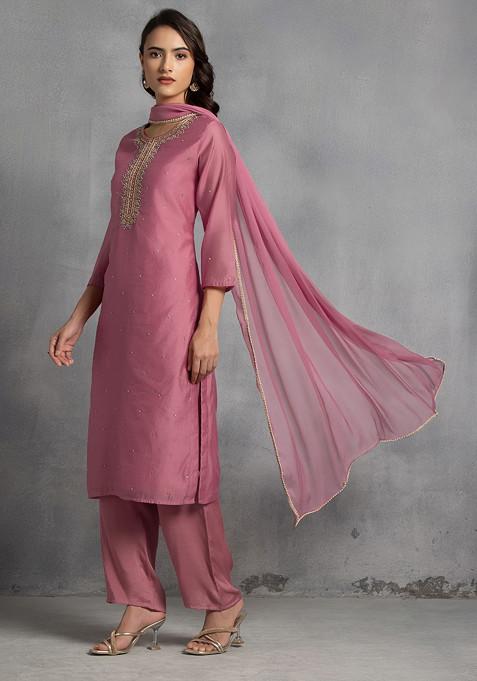 Light Pink Sequin Pearl Cutdana Hand Embroidered Kurta Set With Pants And Dupatta
