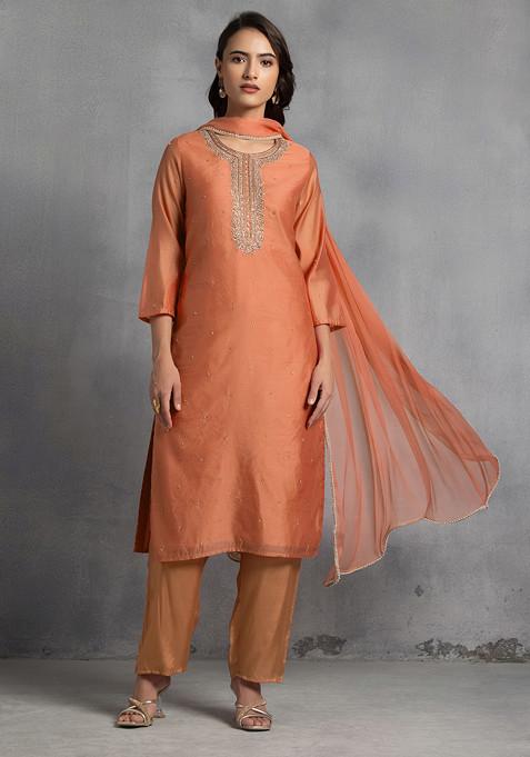 Orange Sequin Pearl Cutdana Hand Embroidered Kurta Set With Pants And Dupatta