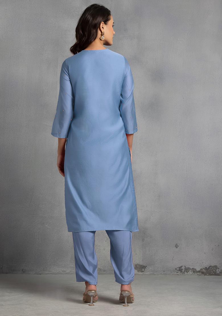 Blue Sequin Pearl Cutdana Hand Embroidered Kurta Set With Pants And Dupatta