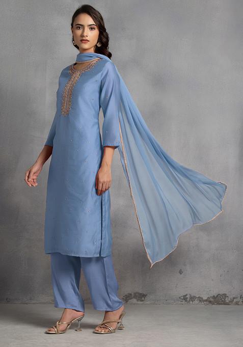 Blue Sequin Pearl Cutdana Hand Embroidered Kurta Set With Pants And Dupatta
