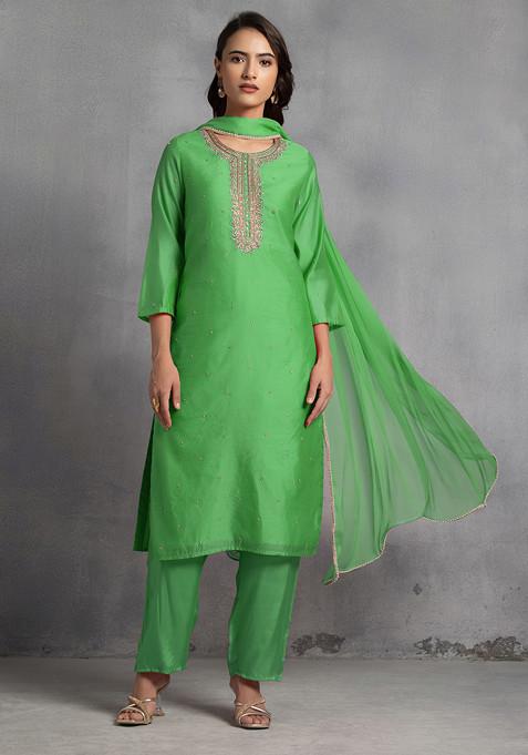 Green Sequin Pearl Cutdana Hand Embroidered Kurta Set With Pants And Dupatta