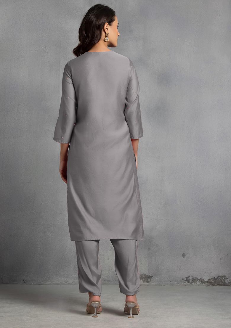 Grey Sequin Pearl Cutdana Hand Embroidered Kurta Set With Pants And Dupatta