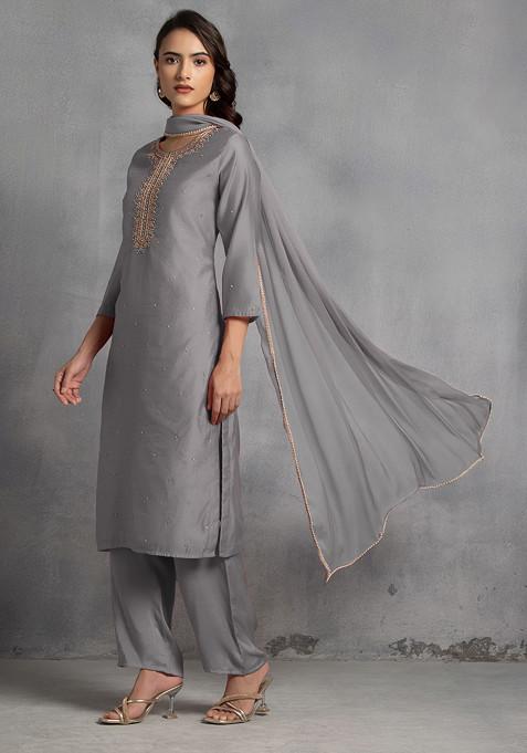 Grey Sequin Pearl Cutdana Hand Embroidered Kurta Set With Pants And Dupatta