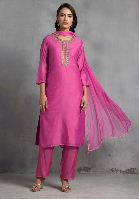 Pink Sequin Pearl Cutdana Hand Embroidered Kurta Set With Pants And Dupatta