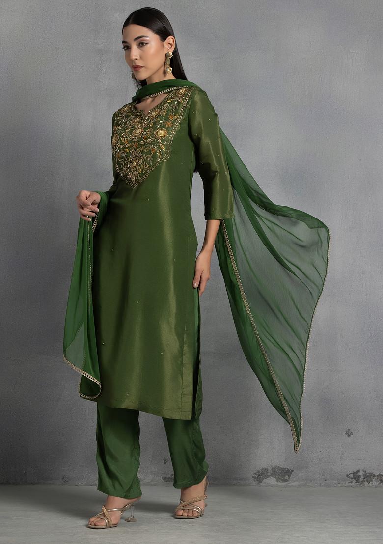 Green Floral Sequin And Thread Hand Embroidered Organza Kurta Set With Pants And Dupatta