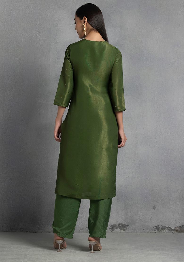 Green Floral Sequin And Thread Hand Embroidered Organza Kurta Set With Pants And Dupatta