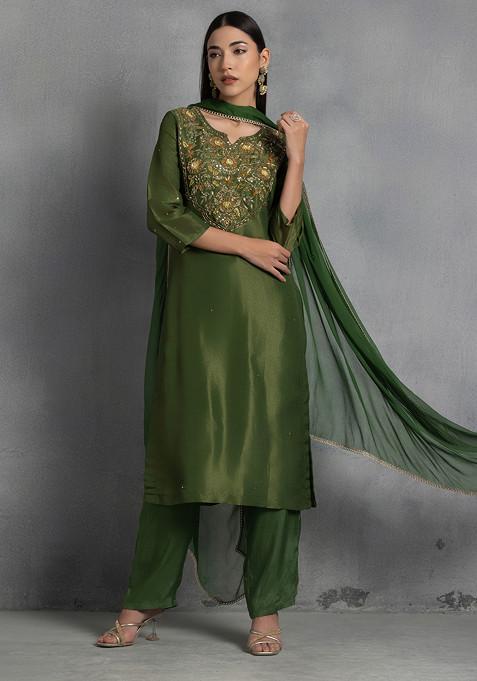Green Floral Sequin And Thread Hand Embroidered Organza Kurta Set With Pants And Dupatta