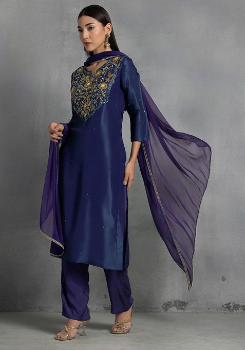 Navy Blue Floral Sequin And Thread Hand Embroidered Organza Kurta Set With Pants And Dupatta