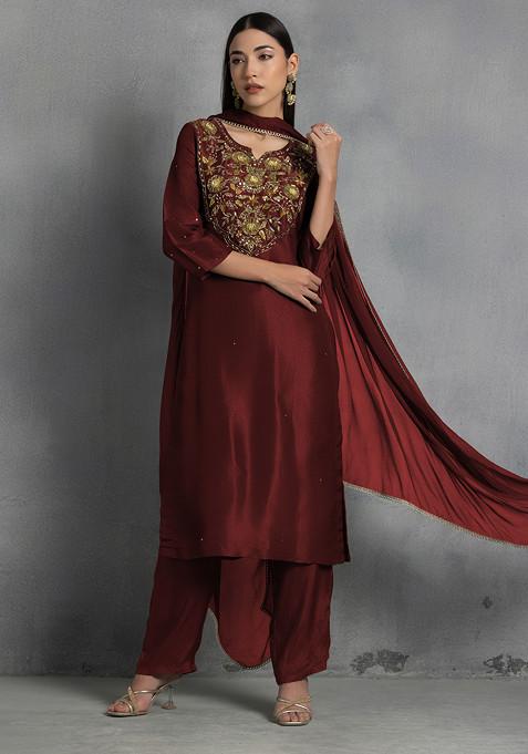 Maroon Floral Sequin And Thread Hand Embroidered Organza Kurta Set With Pants And Dupatta