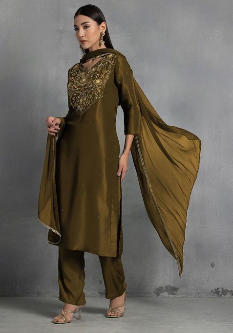 Brown Floral Sequin And Thread Hand Embroidered Organza Kurta Set With Pants And Dupatta