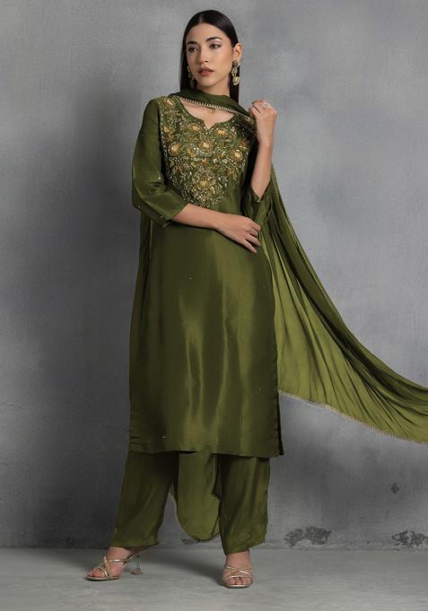 Olive Green Floral Sequin And Thread Hand Embroidered Organza Kurta Set With Pants And Dupatta