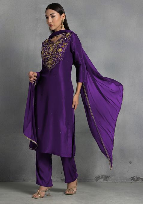 Purple Floral Sequin And Thread Hand Embroidered Organza Kurta Set With Pants And Dupatta
