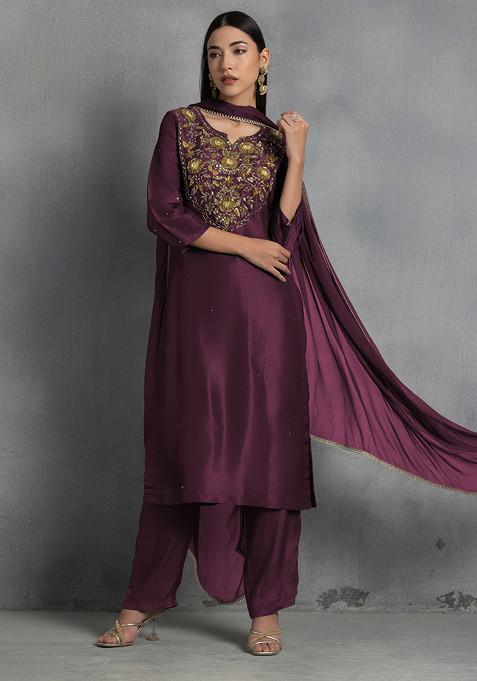 Wine Floral Sequin And Thread Hand Embroidered Organza Kurta Set With Pants And Dupatta