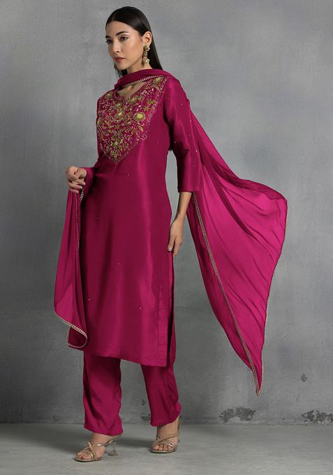 Pink Floral Sequin And Thread Hand Embroidered Organza Kurta Set With Pants And Dupatta