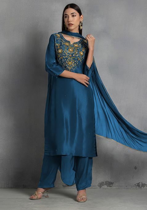 Teal Blue Floral Sequin And Thread Hand Embroidered Organza Kurta Set With Pants And Dupatta