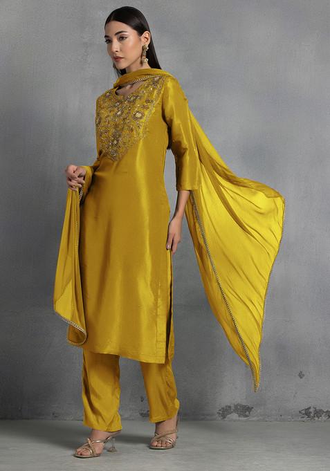 Mustard Floral Sequin And Thread Hand Embroidered Organza Kurta Set With Pants And Dupatta