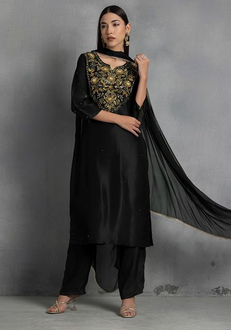 Black Floral Sequin And Thread Hand Embroidered Organza Kurta Set With Pants And Dupatta