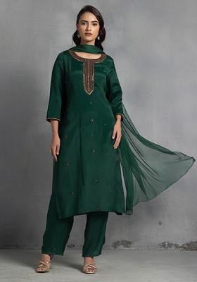 Deep Green Cutdana Thread Hand Embroidered Kurta Set With Pants And Dupatta