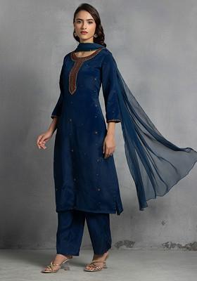 Teal Blue Cutdana Thread Hand Embroidered Kurta Set With Pants And Dupatta
