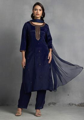 Navy Blue Cutdana Thread Hand Embroidered Kurta Set With Pants And Dupatta