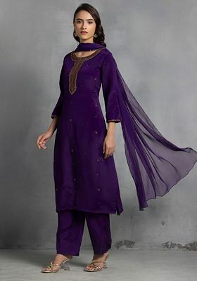 Purple Cutdana Thread Hand Embroidered Kurta Set With Pants And Dupatta