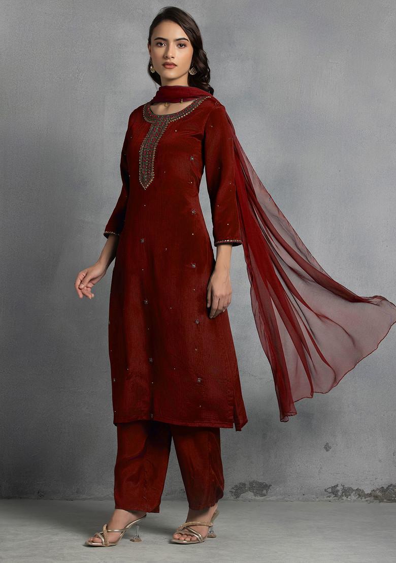 Red Cutdana Thread Hand Embroidered Kurta Set With Pants And Dupatta