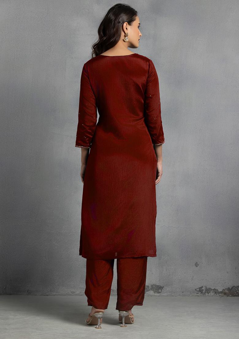 Red Cutdana Thread Hand Embroidered Kurta Set With Pants And Dupatta