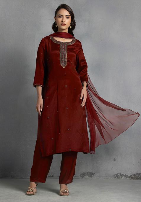 Red Cutdana Thread Hand Embroidered Kurta Set With Pants And Dupatta