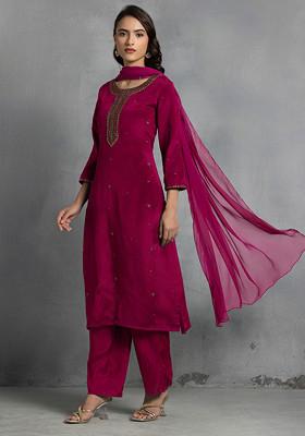 Pink Cutdana Thread Hand Embroidered Kurta Set With Pants And Dupatta