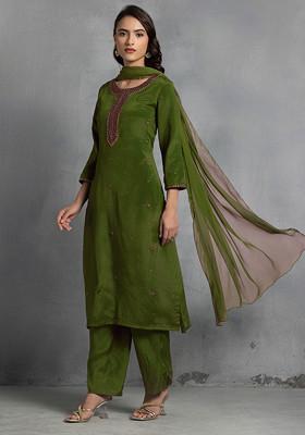 Olive Green Cutdana Thread Hand Embroidered Kurta Set With Pants And Dupatta