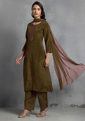 Brown Cutdana Thread Hand Embroidered Kurta Set With Pants And Dupatta