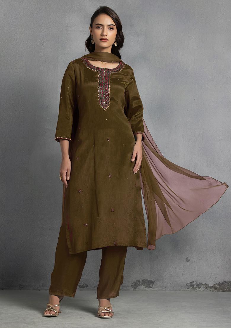 Brown Cutdana Thread Hand Embroidered Kurta Set With Pants And Dupatta