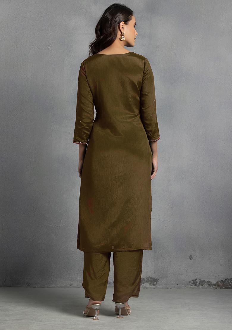 Brown Cutdana Thread Hand Embroidered Kurta Set With Pants And Dupatta
