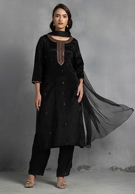 Black Cutdana Thread Hand Embroidered Kurta Set With Pants And Dupatta
